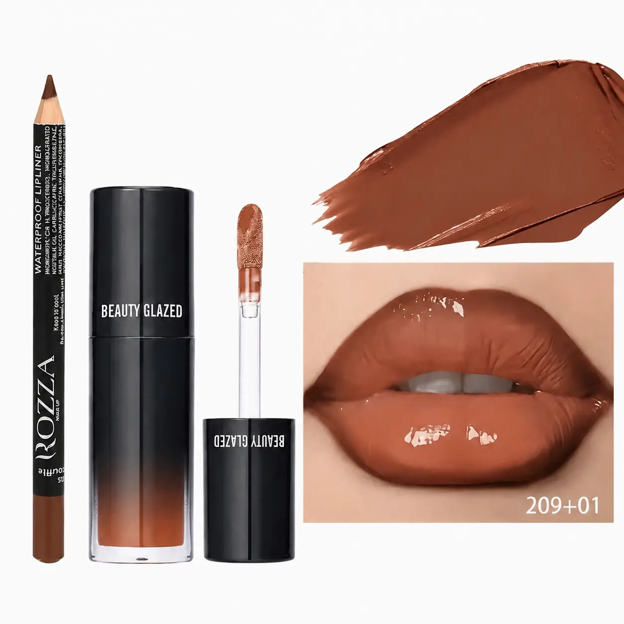 Beauty Glazed Set of 2 Multi-Pack Cosmetic Lip Combo (b209#101) - Nourishing Gloss, Lip Liner, 3D Precise Outline, Long-Lasting Matte Brown Finish, Everyday Glam for Adults, Daily Wear Essential