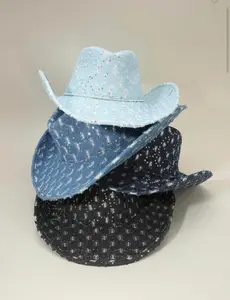 Wide Brim Distressed Sequin Pattern Cowboy Fedora Hat