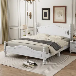 Full/Queen Size White Retro Wood Platform Bed Frame - Solid Pine Construction, Wooden Slat Support, 500LBS Capacity, No Box Spring Needed, Easy Assembly