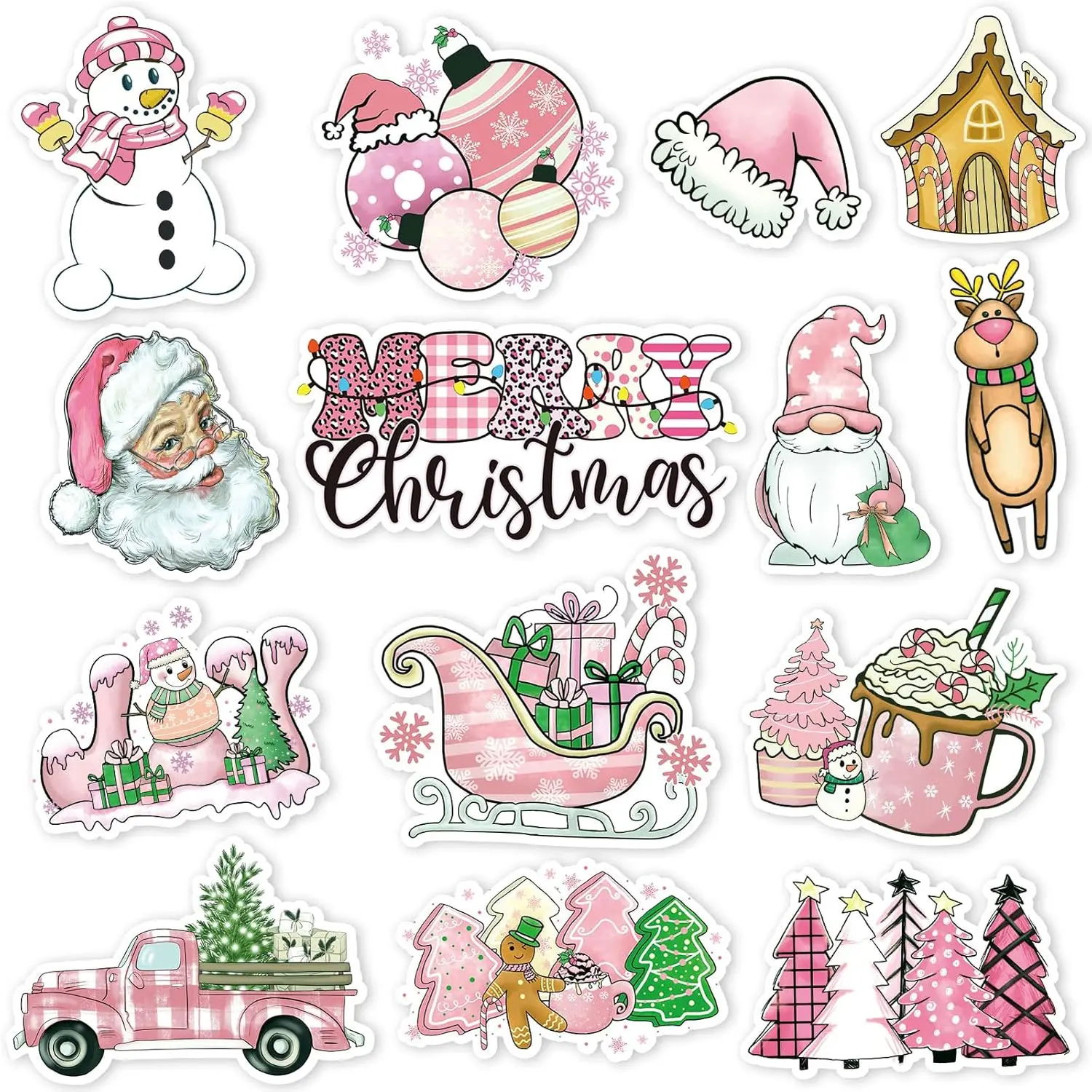 Whaline 14Pcs Pink Christmas Refrigerator Magnets Vintage Santa Snowman Decorative Fridge Magnetic Stickers Xmas Theme Garage Magnet for Kitchen Dishwasher Mailbox Metal Door Cabinets Decoration Whaline