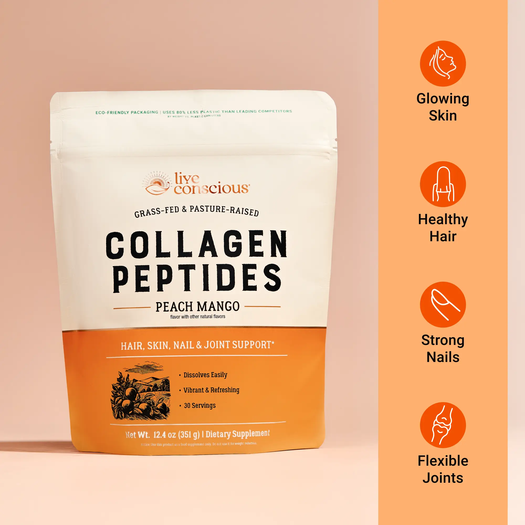 Live Conscious Flavored Collagen Peptides Powder - Type I & III Grass-Fed Collagen - Hair, Skin, Nail & Joint Support