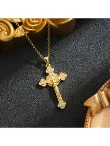 Flower-shaped Orthodox cross pendant with detailed edges, two-tone gold and silver full-diamond necklace, elaborate craftsmanship, high-end neck ornament