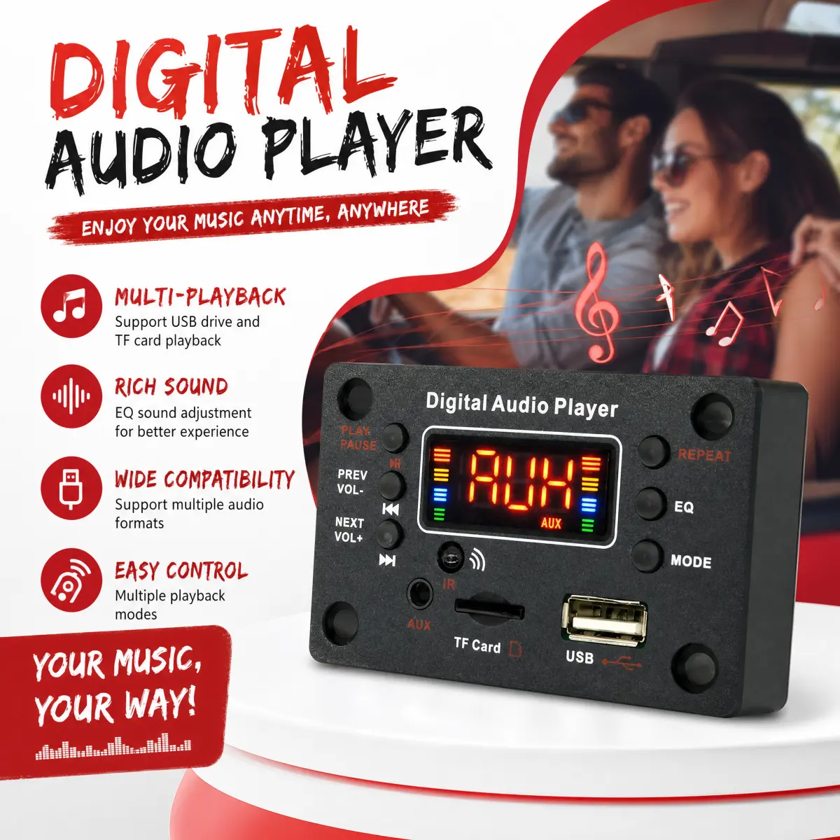 This multi-functional Bluetooth audio decoding module features an LED spectrum display and supports multiple modes, including USB, TF card, AUX, and FM radio. It is suitable for DIY speaker upgrades, car audio upgrades, and motorcycle audio upgrades.