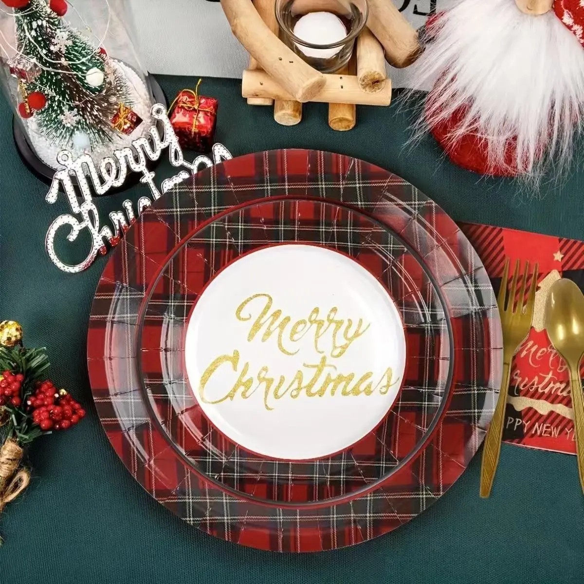 50-Piece Christmas-Themed Tableware Set Includes Disposable Paper Plates, Cups, and Napkins Hand-painted Christmas Tree Design Perfect for A Cozy Christmas Dinner Party “Merry Christmas” Theme Serves 10 Guests