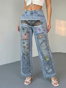 Women's High-Waist Wide-Leg Denim Jeans! High-Rise Medium-Stretch Printed Style—Semi Baggy Jeans Fit, Bedazzled Jeans Sparkle & Still Cool Jeans Vibe! Ripped Mesh-Lined Holes matches Baggy Jeans Outfit. Pairs with Button-Down Shirt &Lengthens Legs!