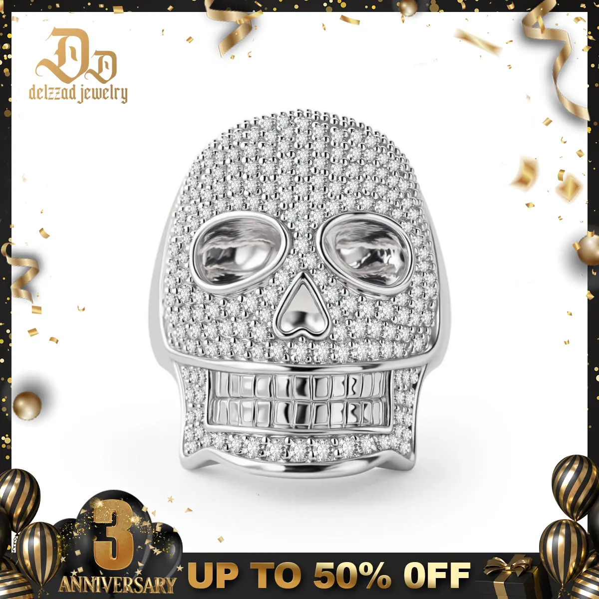 Delzzad 14K Gold-Plated 2.8ct Infinite Bone Ring Cool Hip Hop Rock Skull Ring VVS Synthetic Moissanite Ring Jewelry Hip Hop Ring for Men Perfect Birthday Engagement Wedding Anniversary Christmas Valentine's Day Gift for Him