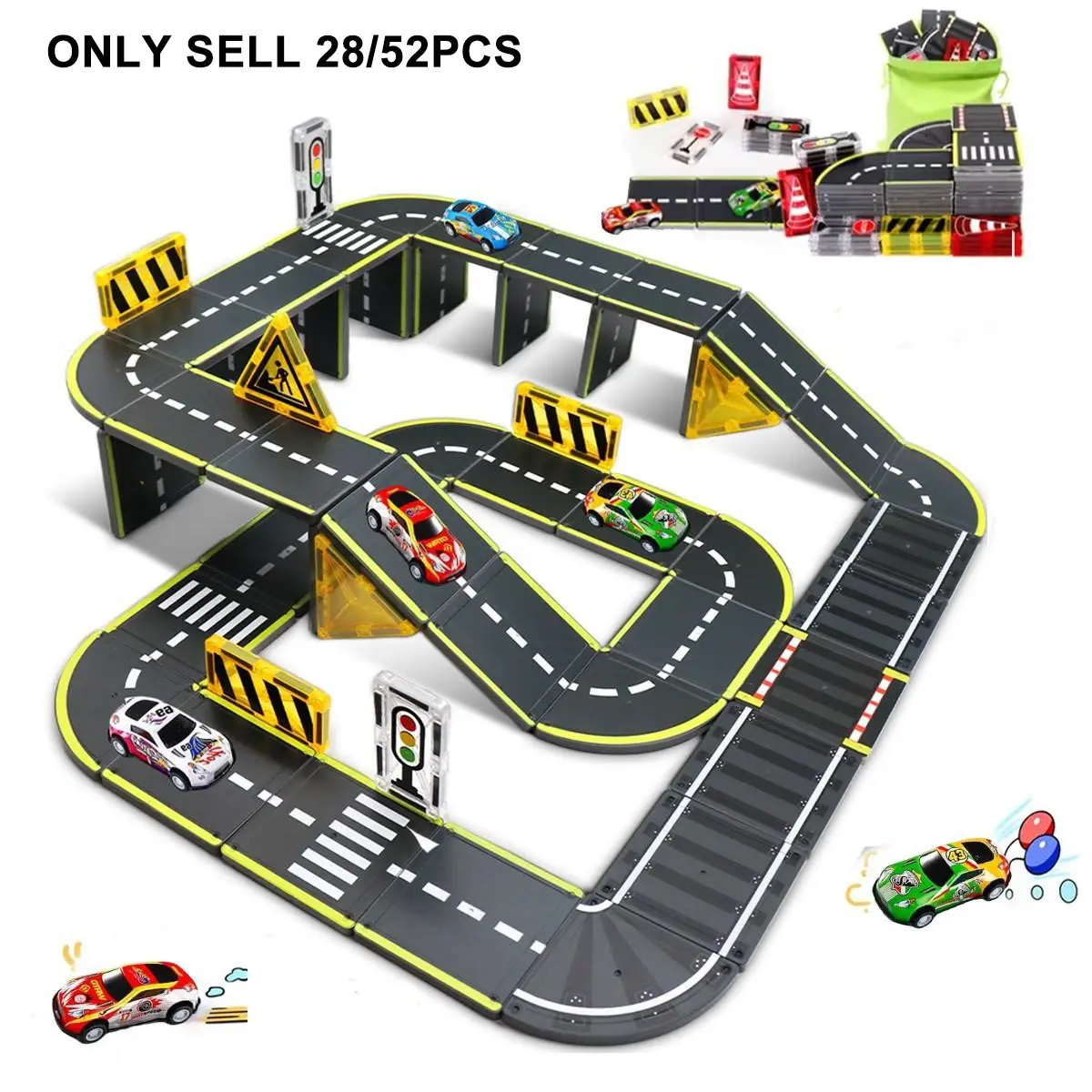Magnetic Track Building Blocks Road Set, Magnetic Tiles Car Set, Magnetic Construction Set, Building Toys for Kids, Model Building Kits, Birthday Gift for Boys and Girls