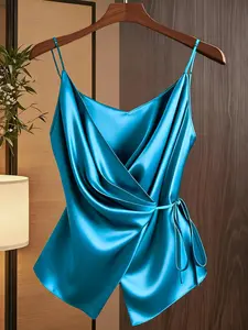Elegant Satin Smooth Women's Short Halter Top, Cross V-Neck Waist Cinch Tie, Slimming Innerwear for Office & Dates, Luxurious Simple Style