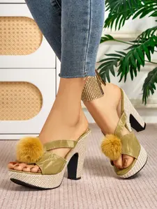 Elegant Women's Cross Strap High Heel Shoes, Fashionable Faux Fur Ball Design, Casual Peep Toe, Medium Width, All Seasons, Elegant Sandals