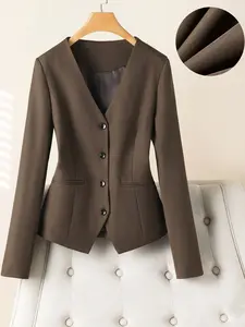 Women's Short V-Neck Blazer Jacket, Single-Breasted Long Sleeve Slim-Fitting Casual Elegant Fashion Outerwear, Stylish Office Wear