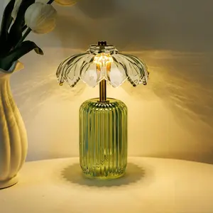 MJ PREMIER Cordless Lamp, Battery Operated Lamp with Timer, Crystal Glass Flower Lampshade, Small Table Lamps, Decorative Led Warm Light for Bedroom Living Room Shelf ,Bedroom light,nightlight[Summer Vibes]-green