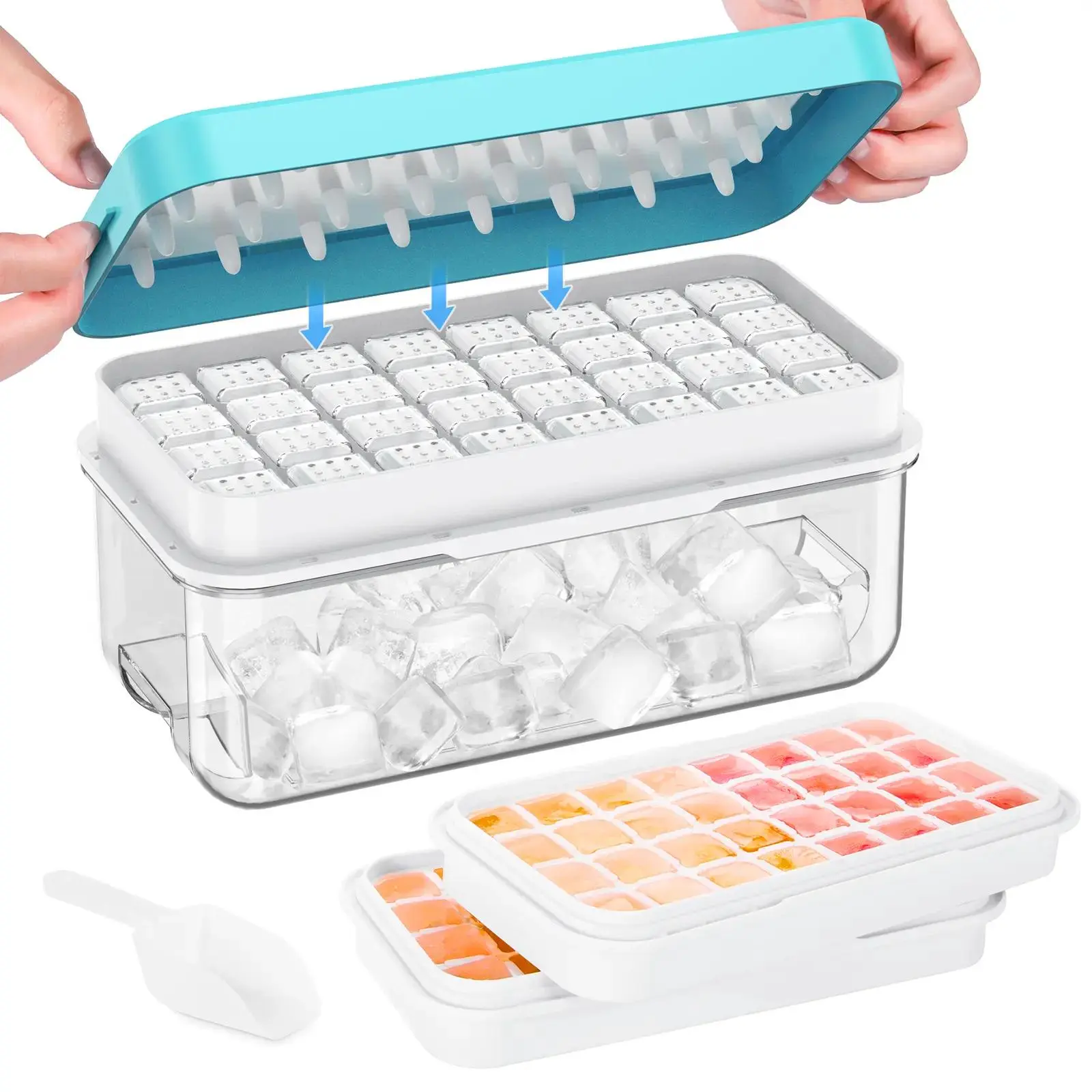 Ice Cube Tray with Lid and Bin, 64 pcs Ice Trays for Freeze with 2 Trays, Ice Cube Pop Out Tray for Freezer, Ice Cube Molds, BPA Free, Easy Release Stackble Spill-Resistant，Includes Scoop Containers Utensils