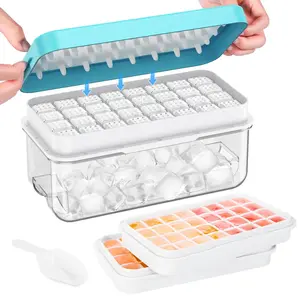 Ice Cube Tray with Lid and Bin, 64 pcs Ice Trays for Freeze with 2 Trays, Ice Cube Pop Out Tray for Freezer, Ice Cube Molds, BPA Free, Easy Release Stackble Spill-Resistant，Includes Scoop Containers Utensils