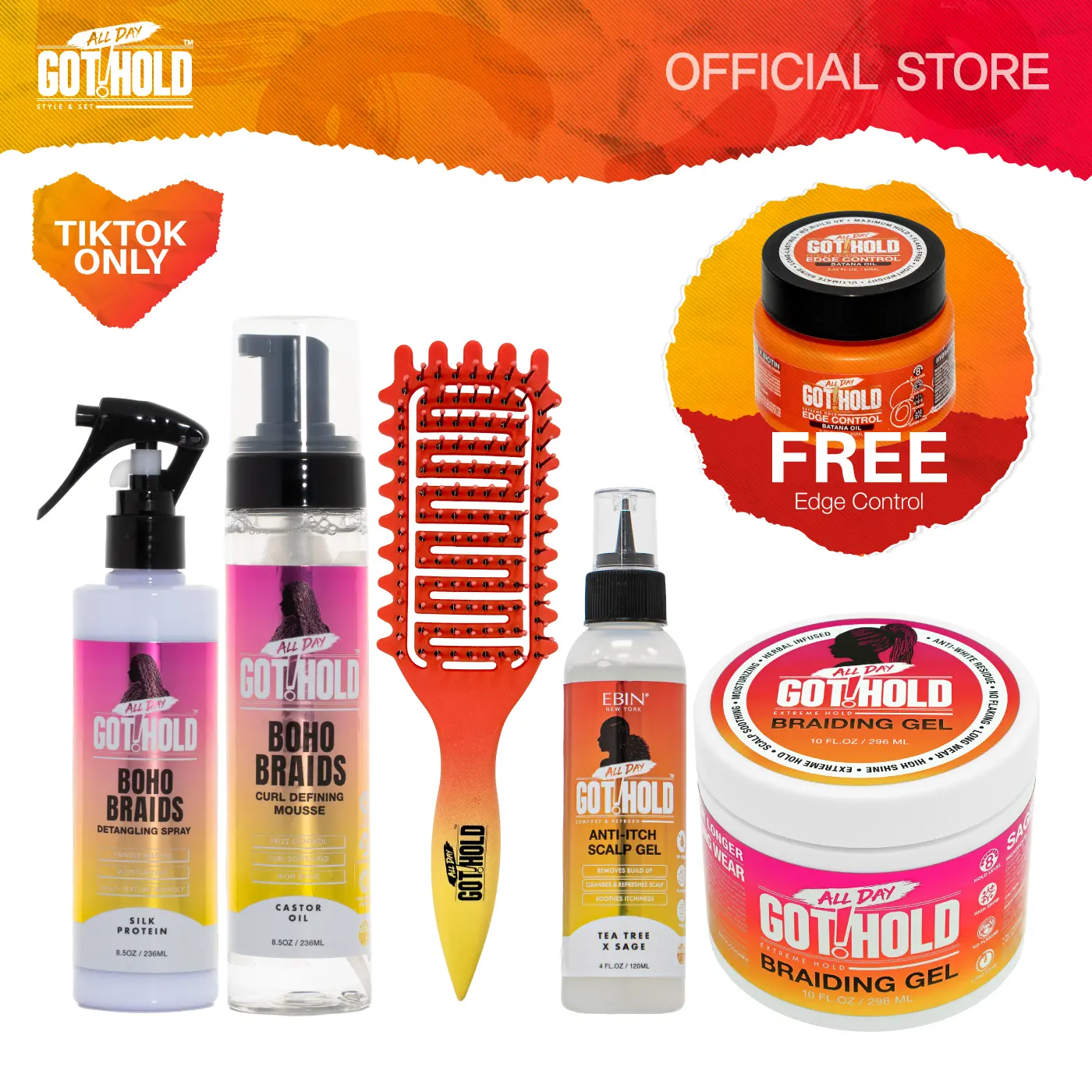 All Day Got Hold Boho Braids Full Care Kit Bundle Boho Detangler Spray, Boho Mousse, Braiding Gel, Anti-Itch Scalp Gel, Curl Defining Brush & Free Edge Control