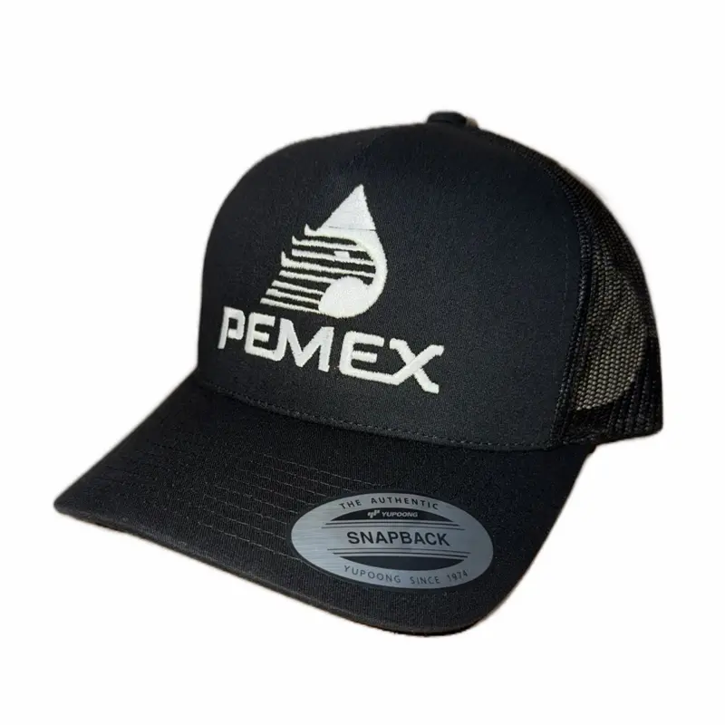 PEMEX Glow-In-The-Dark Curved Black Trucker Baseball Cap - Snapback, Baseball Pattern, Blacked-Out, Breathable Mesh, Adjustable Size Casual Trendy Snapback Closure Hat, Snapback Hats, Baseball Pattern Hats