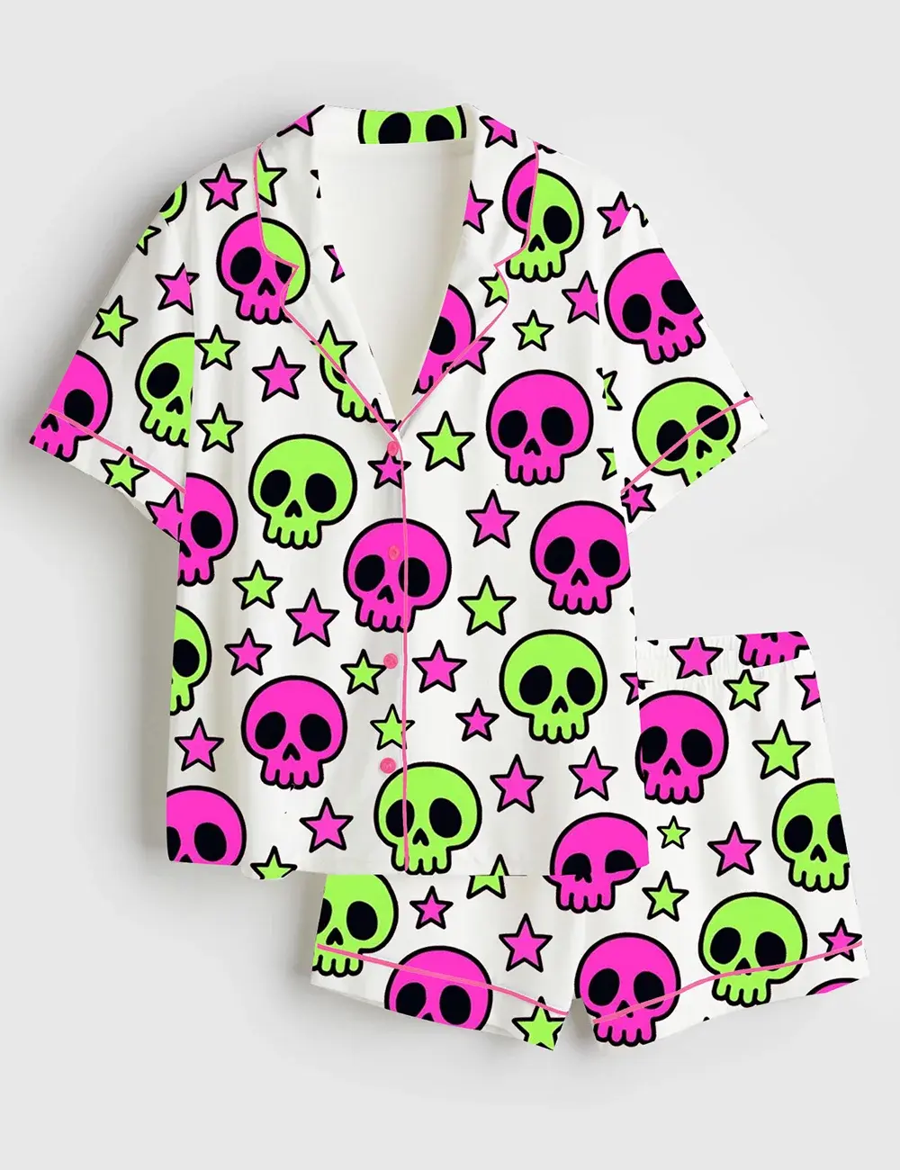 Neon Halloween Bright Pink and Green Cute Skulls Pajama Set For Women, Gift For Her, SoftLounge Pajamas, CozyDream Set, Gift For Lover.