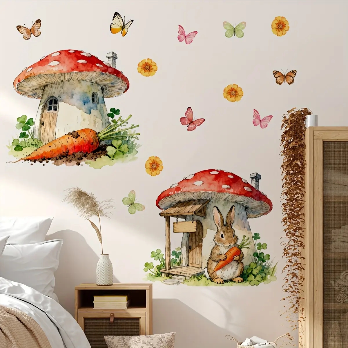 A set (30*30cm*2pcs) of mushroom rabbit 2D flat wall stickers, home decoration self-adhesive wall stickers, M20221