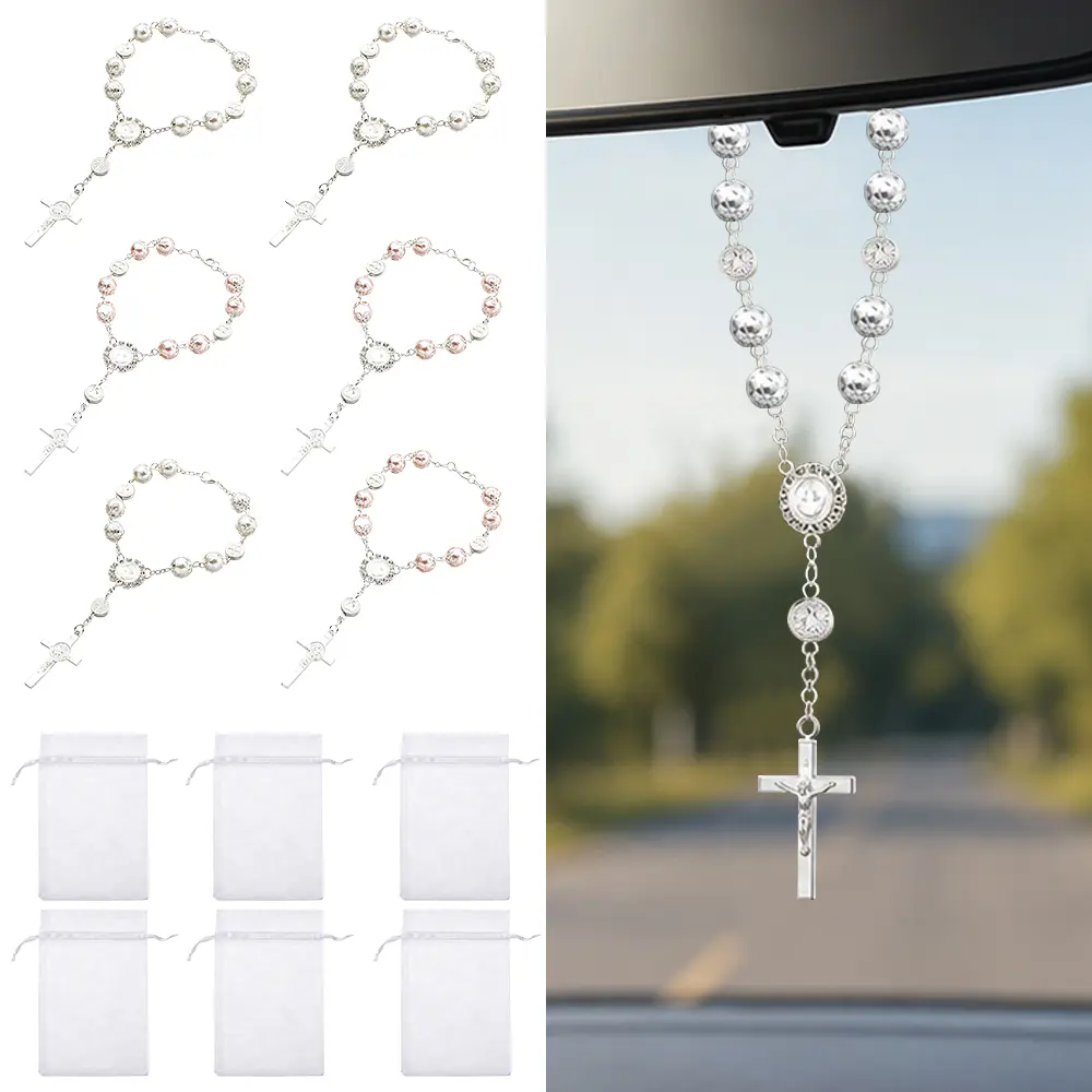 6Pcs Car Rosary Set Pack for Rearview Mirror, Cross Shape Metal Beads Catholic Hanging Pendant, Personalized Car Accessories for Auto Interior Decorating - Home Improvement Building Supplies