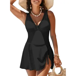 Dokotoo Women One Piece Swim Dress Retro Swimsuit for Women Tummy Control Skirt Bathing Suits Hollow Out V Neck Swimdress