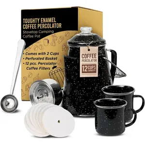 Toughty Enamel Coffee Percolator - Stovetop Coffee Maker for Camping, Open Fire, Grill, or Stove - Vintage Coffee Pot - Durable Old-Fashioned Metal Percolator w/ 2 Cups & 12 Coffee Filters - Black