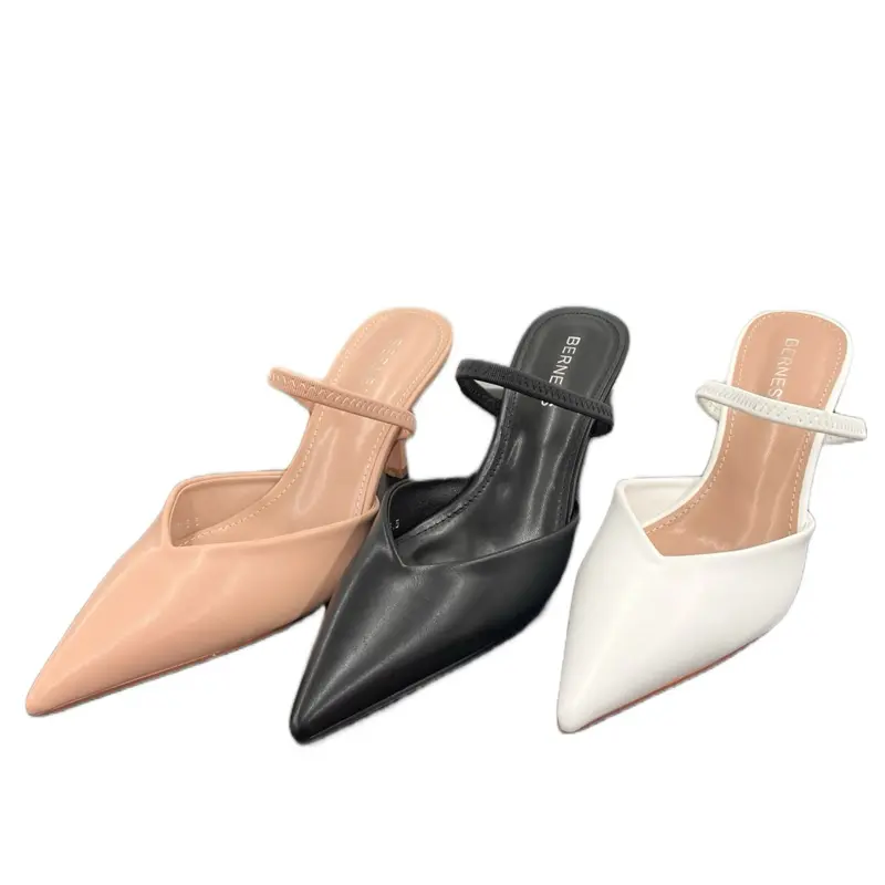 WOMENS SLIDE POINTED TOE KITTEN STILETTO PUMP CHARM Beige Shoe