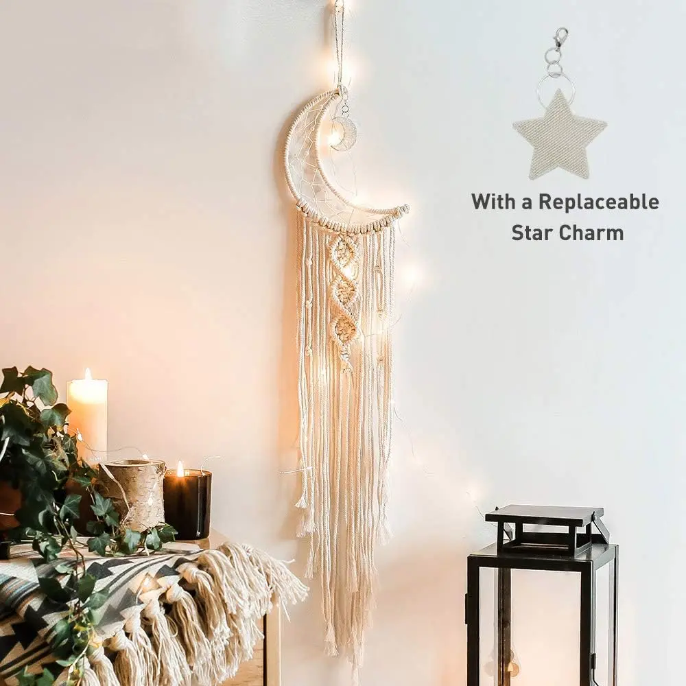 Handmade White Cotton Boho Macrame Woven Wall Hanging - Crochet Curve Crescent Moon Star Light Dream Catcher with Long Tassel, Rustic Home Decor for Kid Room to Capture Bad Spirits & Cells