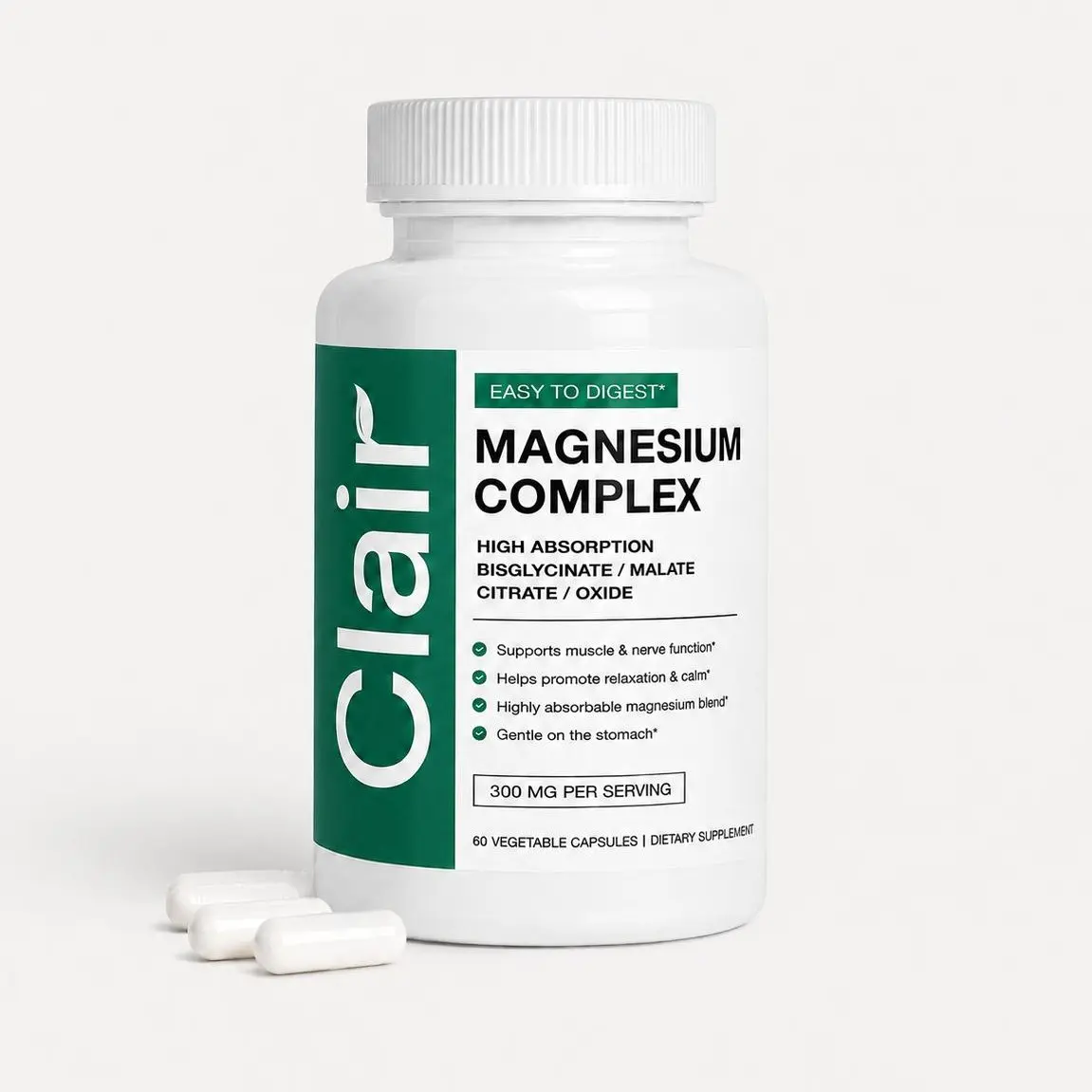 Clair Magnesium Complex - 4 in 1 Magnesium Bisglycinate Glycinate, Malate, Citrate & Oxide Capsules, High Absorption Magnesio Complejo Supplement for Sleep, Calm, Muscle Cramps, Nerve & Digestion Support, Women & Men, Vegan Non GMO, 60 Ct 300mg