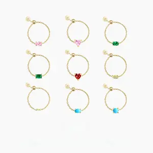 Geometric Zircon Link Chain Ring for Women Pink Green Gemstone CZ Finger Band Promise Engagement Statement Ring Dangle Coin Adjustable