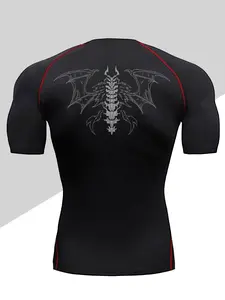 Men's Compression T-Shirt, Muscle Fit Fitness Tee, Demon Wings Pattern, Quick-Dry Moisture-Wicking Fabric, Gym Running Boxing Training, Workout Rash Guard