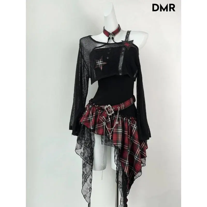 CHENGDEFA Gothic Hot Girl American Fashion 2 Piece Set Women Black Blouse + Chic Irregular Dress New Pure Desire Slim Vintage Suit Summer