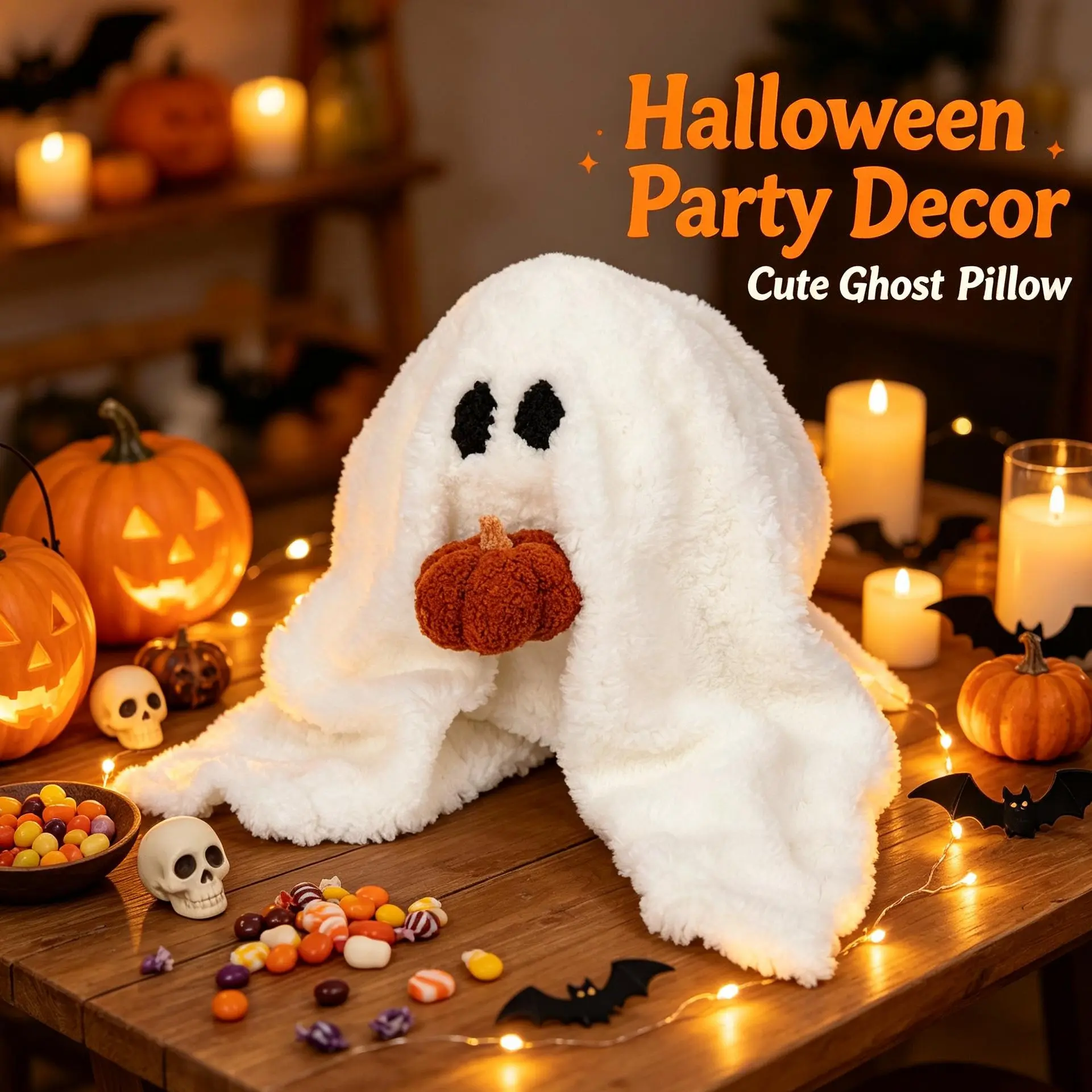 Halloween Ghost Pumpkin Plush Throw Pillow - Ultra-Soft PP Cotton Stuffed Cushion for Couch, Bedroom, Haunted House Party Decor
