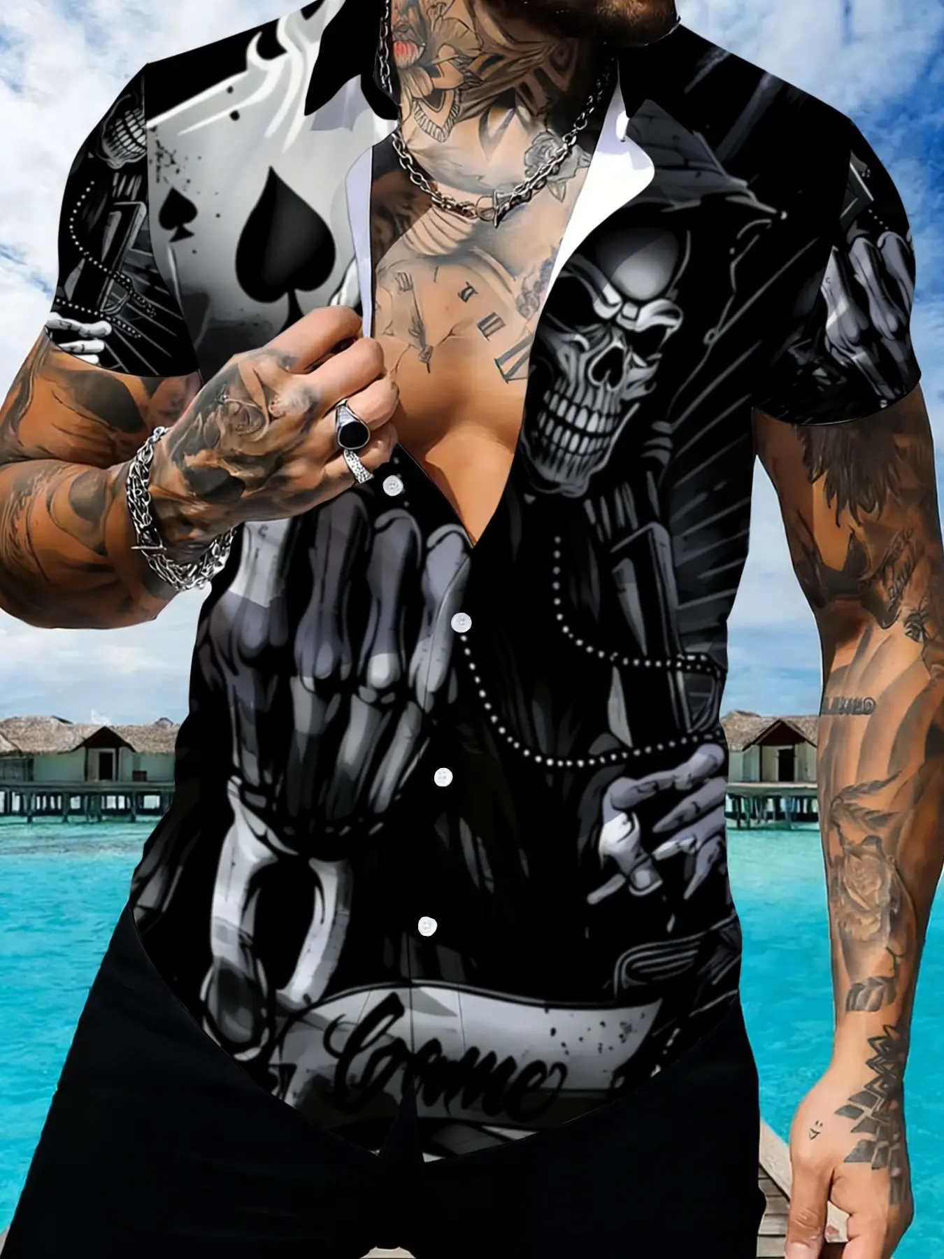Men's Printed Short Sleeve Casual Party Shirt, Retro Skull Pattern Slim Stand Collar Black & White Summer Fashion Top