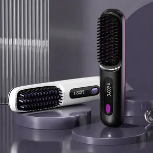 Women's Cordless Hair Straightener Brush, USB-C Fast Charging, 3 Heat Settings, MCH Rapid Heating, Anti-Frizz Ceramic Coating, Digital Display, Dual Voltage Travel Flat Iron Brush (Black)