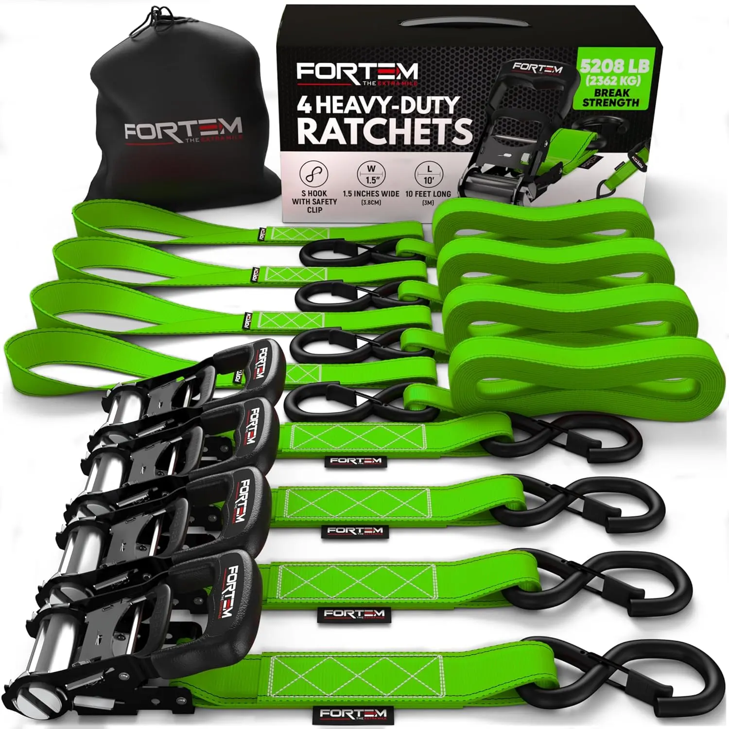 FORTEM Pro-Grade Truck & Trailer Cargo Straps 4-Pack 10ft Ratchet Tie Downs 5208LB Heavy Duty Rubber Grip Handles Soft Loops for Damage-Free Hauling FRTM-HDS