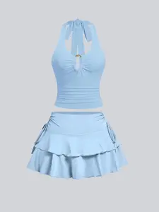Two-Piece Set Summer Women's Slim-Fit Ruched Sleeveless Halter Top and Side Tie Skirt Set, Comfortable Elegant Two-Piece Outfit, Perfect for Beach Days and Casual Travel