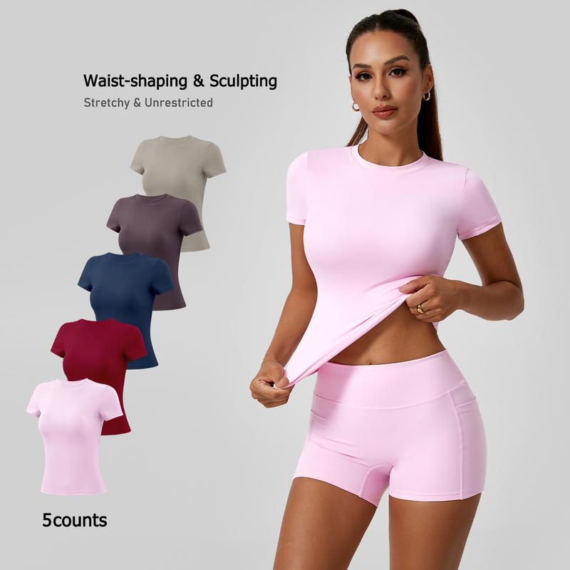 Women's Oil Shiny Glossy Long Sleeve Blouse - Nylon Spandex Stretch Top, Yoga Gym Shirt, Round Neck