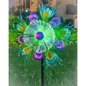 Solar Peacock Wind Spinners for Yard and Garden, 40 Inch Solar Windmill Garden Whirligig Kinetic Spinners Decor for Lawn,Patio&Yard, Metal Whirligigs Green Wind Spinners Outdoor