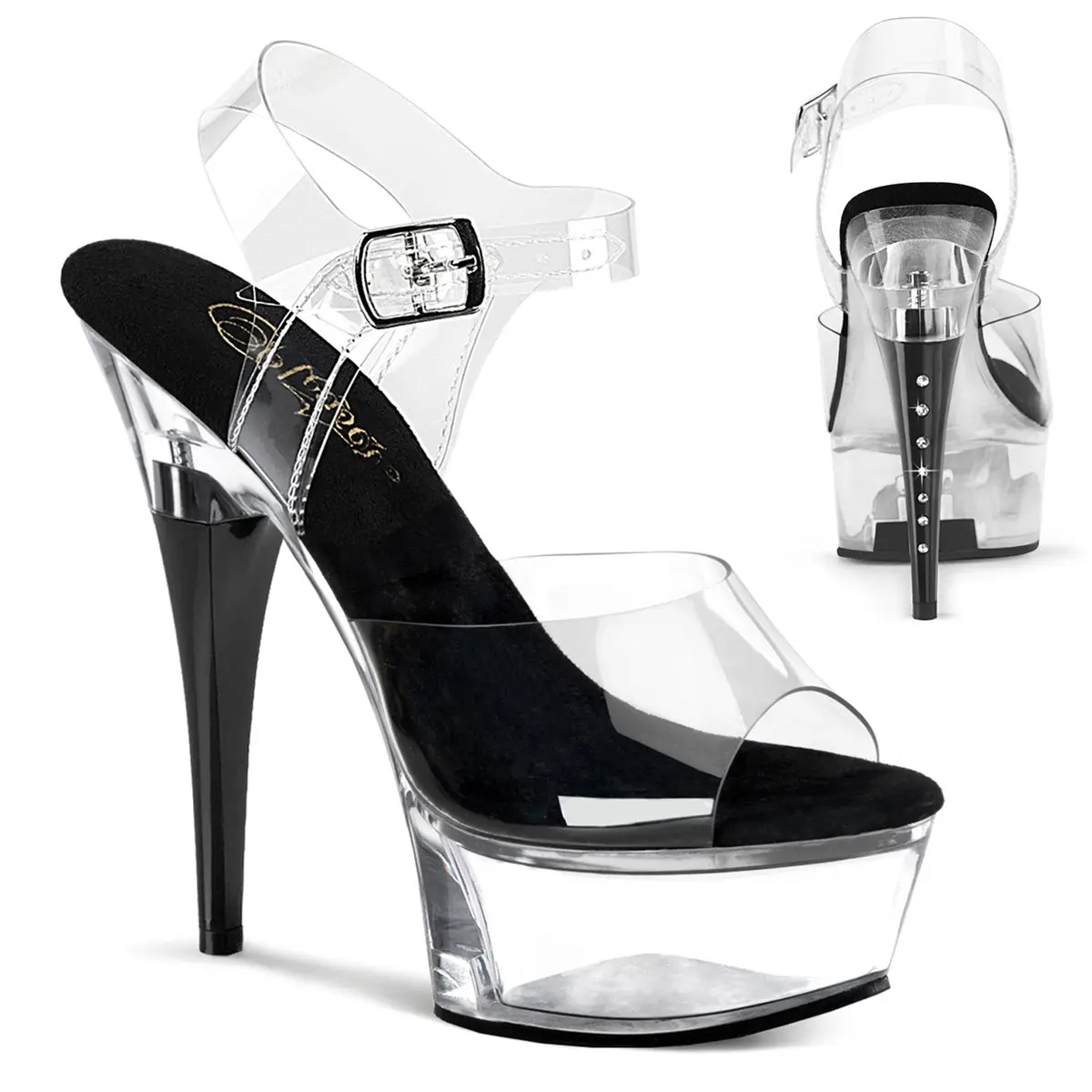 Women's Captiva-608 Clear-Black/Clear Ankle Strap Elevated Sandals, 6-inch Heel, 1 3/4-inch Platform, Chic Stylish Casual Footwear, Statement Shoes, Bold Look, Resort Wear, Casual Wear, Edgy Twist, Rs On Heel