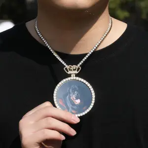2025 New Personalized Fashion Design Jewelry Hip Hop XL Big Round Photo Pendant Gold Silver Rose DIY Necklace -Q