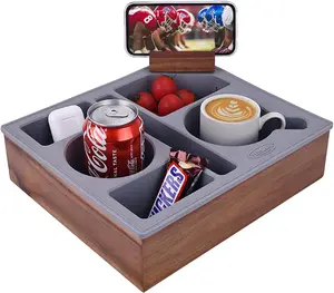 Couch Cup Holder, Upgrade  Acacia Wooden Cup  with Cup Holder for   Seat,Couch Console  for Snack Drink Remote Control Grey