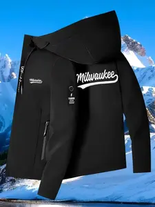 Milwaukee Trendy Hooded Jacket, Long Sleeve, Letter Print, Fashion Street Style, Adjustable Drawstring, Loose Fit, Zip Pocket, Casual Wear