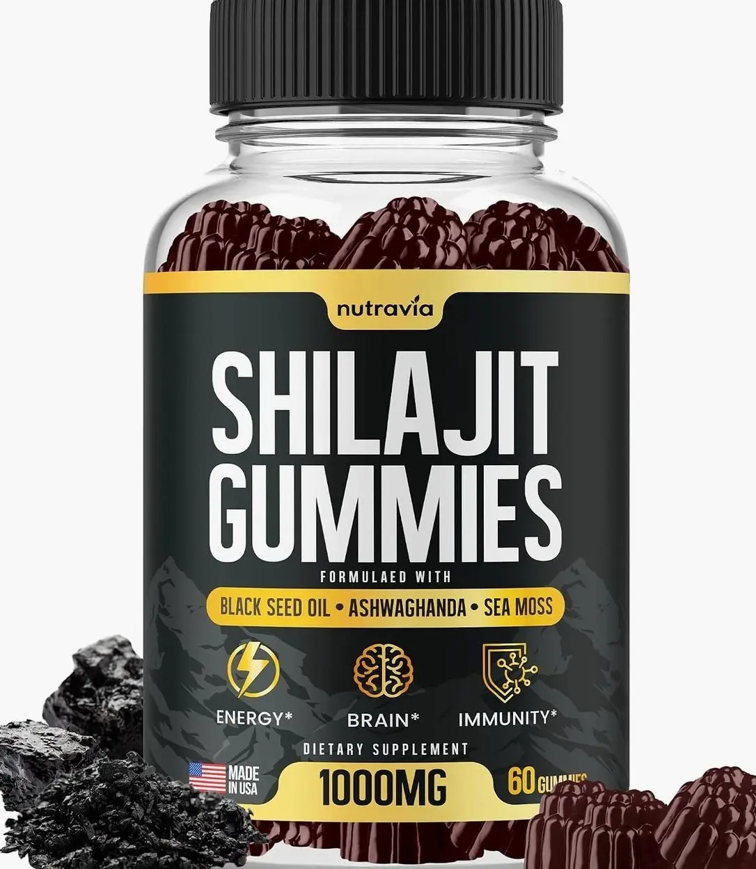 Shilajit Gummies - 3 in 1 with Sea Moss, Black Seed Oil, Ashwagandha - Natural Formula Shilajit Supplement 85+ Trace Minerals, Pure Himalayan Shilajit Gold Gomitas De Shilajit, USA Made (60 Gummies)