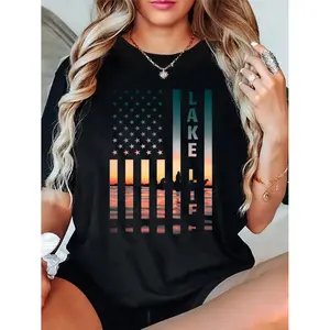 100% Cotton Lake Life Fisherman Sunset American Flag Bass Fishing Boat T-Shirt
