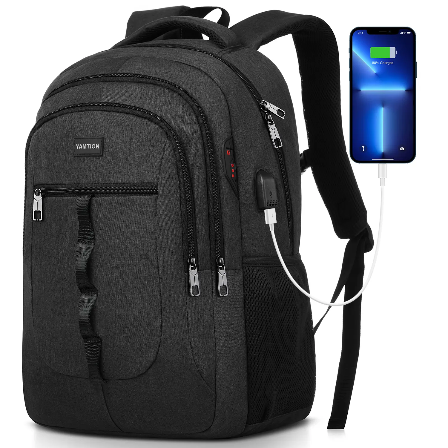 YAMTION Travel Anti-Theft Backpack with USB Charging Port, Water-Resistant Laptop Backpack for Men, Fits 15.6-Inch College School Bags, Anti-Theft Backpacks