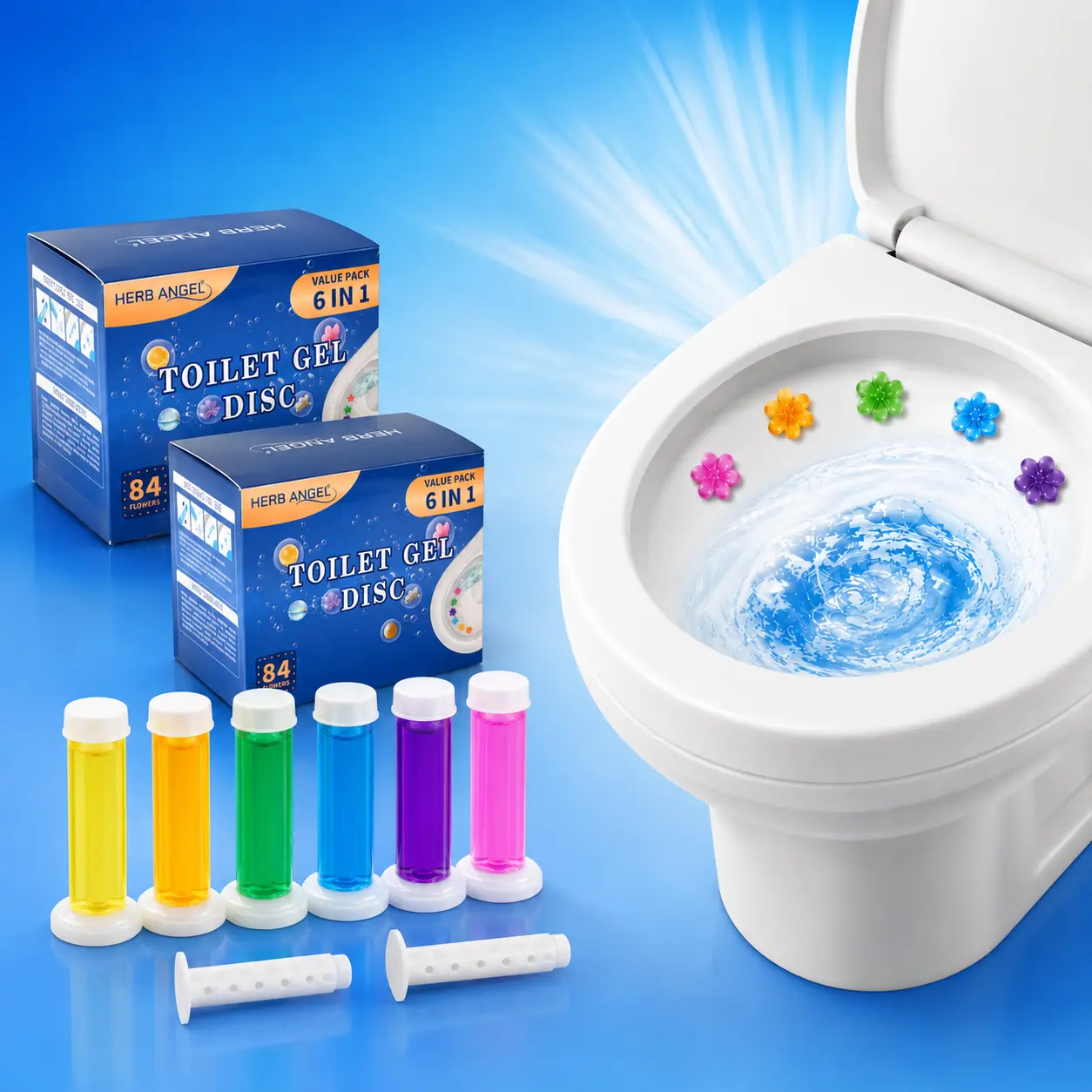 HERB ANGEL Toilet Gel Discs Floral Scented Long-Lasting Bathroom Cleaner & Toilet Deodorizer, 6-Pack (6 Gel Tubes + 2 Applicators), 84 Flowers, 7-Day Per Flower, Up to 12 Weeks Odor Control, Stain Protection, Septic Safe Household Items.