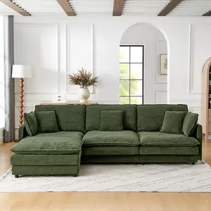 110'' Modern Home Living Room L-Shaped Sectional Sofa Couches with Ottoman, Convertible Oversized 4 Seater Couch Towel Fabric, Green modern corduroy