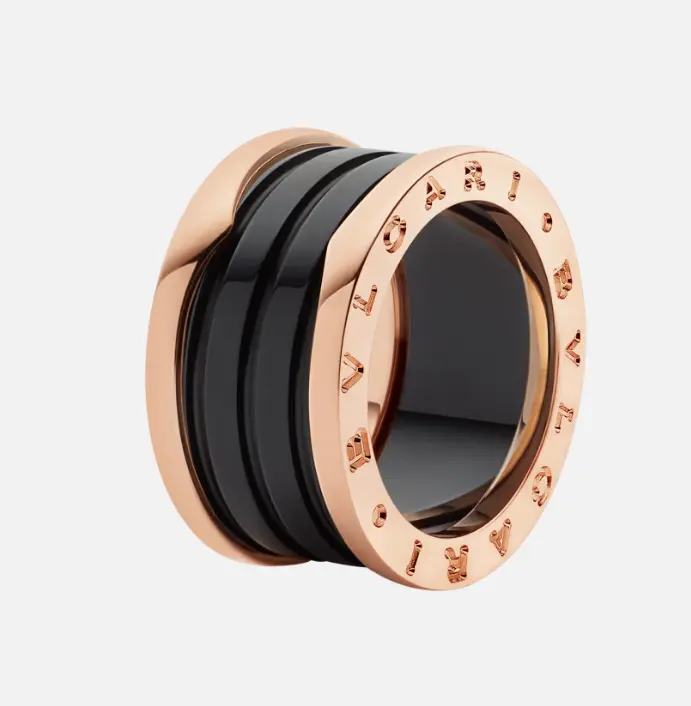 Pre-owned Bvlgari B.zero1 four band ring in 18 kt rose gold with black ceramic spiral