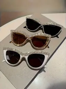 Women's Cat Eye Rhinestone Decorated Flat Glasses, High-End Cat Eye Frame Eyewear, Artificial Gemstone Decoration, Fashionable Sunglasses