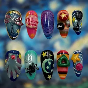 Creepy Cute Press On Nails with Buttons & Stars, Gothic Halloween Nails, Horror Cosplay Nail Set