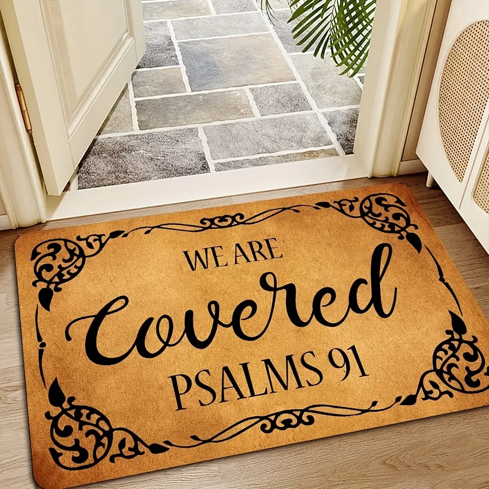 Quick-Dry Psalms 91 Scripture Doormat with Anti-Slip Backing - "We Are Covered" Design, Outdoor Halloween Decorations, Perfect for Indoor Entrance Or Bedroom Decor, Polyester Material, Indoor Doormat | Decorative Doormat | Durable Doormat